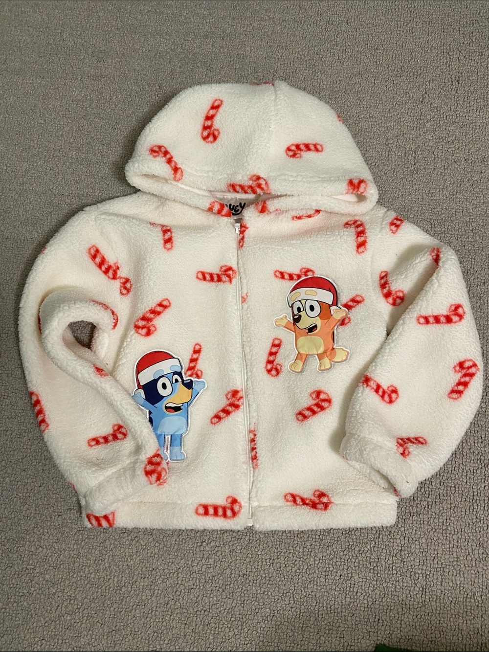 Kids Cream Hooded Zip-Up Jacket with Candy Cane Print